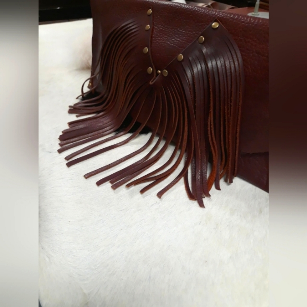 Brown Boho Style Leather Clutch Bag w/ Tassel Detail/ Handcrafted by J.Monique - Picture 2 of 5